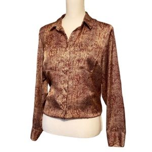 NWOT A New Day Brown Satin Snakeskin Button Down Long Sleeve Blouse (M)
